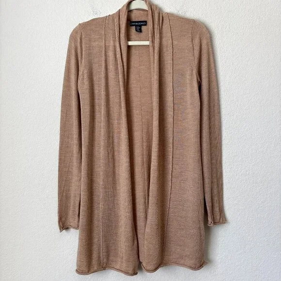 Cynthia Rowley Extrafine Merino Wool Open Front Longline Neutral Tan Cardigan - Picture 5 of 12